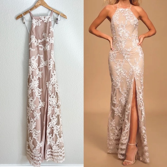 Dazzled Up Champagne Embroidered Backless Maxi Dress - Picture 1 of 10
